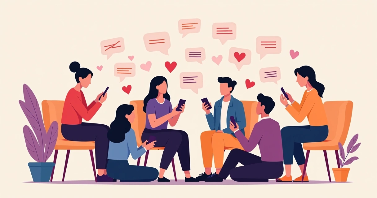 Ilustração de pessoas trocando curtidas e comentários no celular em círculo 