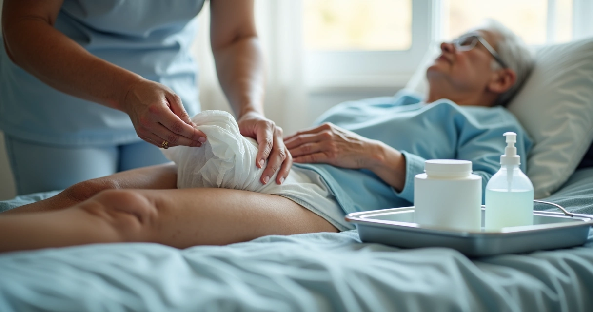 Cuidador trocando fralda geriátrica de idoso com cuidado 