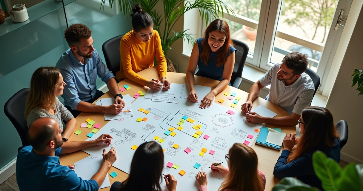 Profissionais colaborando com post-its e quadro de ideias