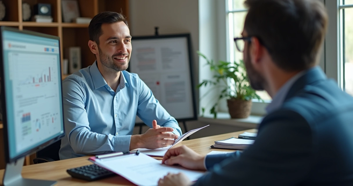 Contador mostra documentos digitalizados em tela para cliente em reunião 