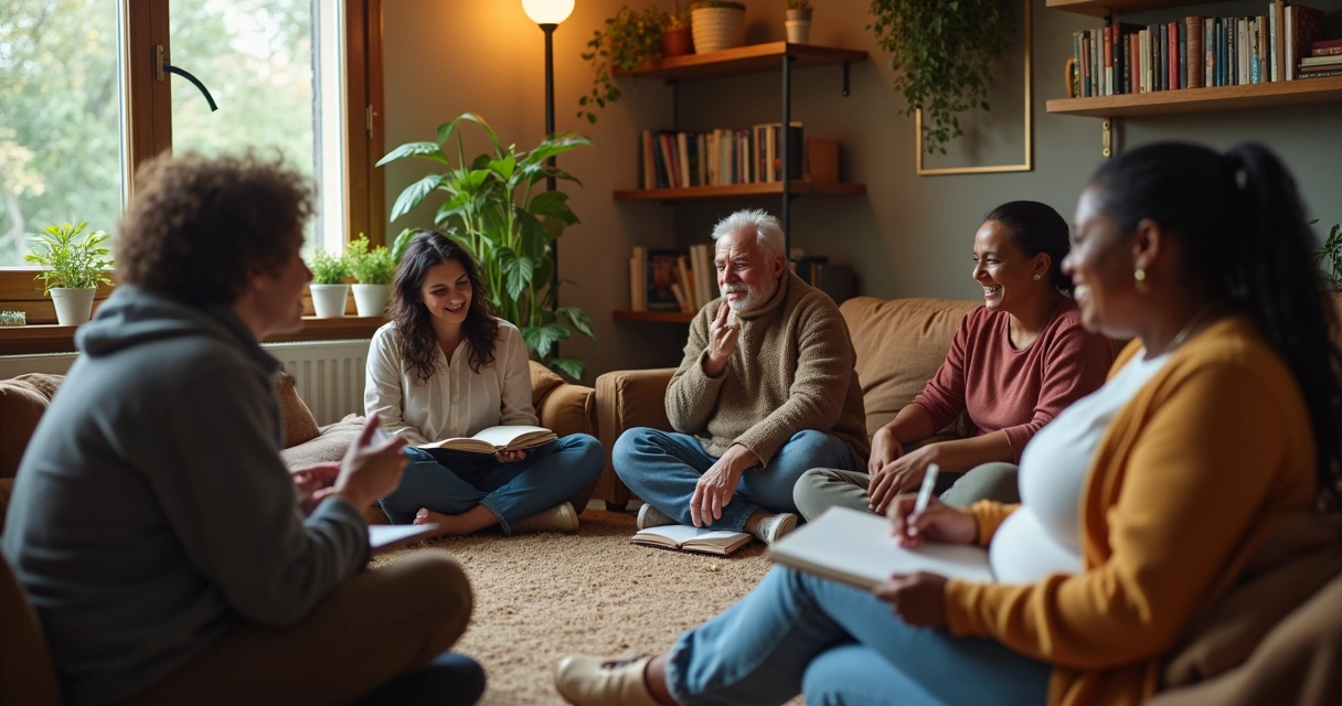 Grupo em círculo trocando experiências sobre autoconhecimento 