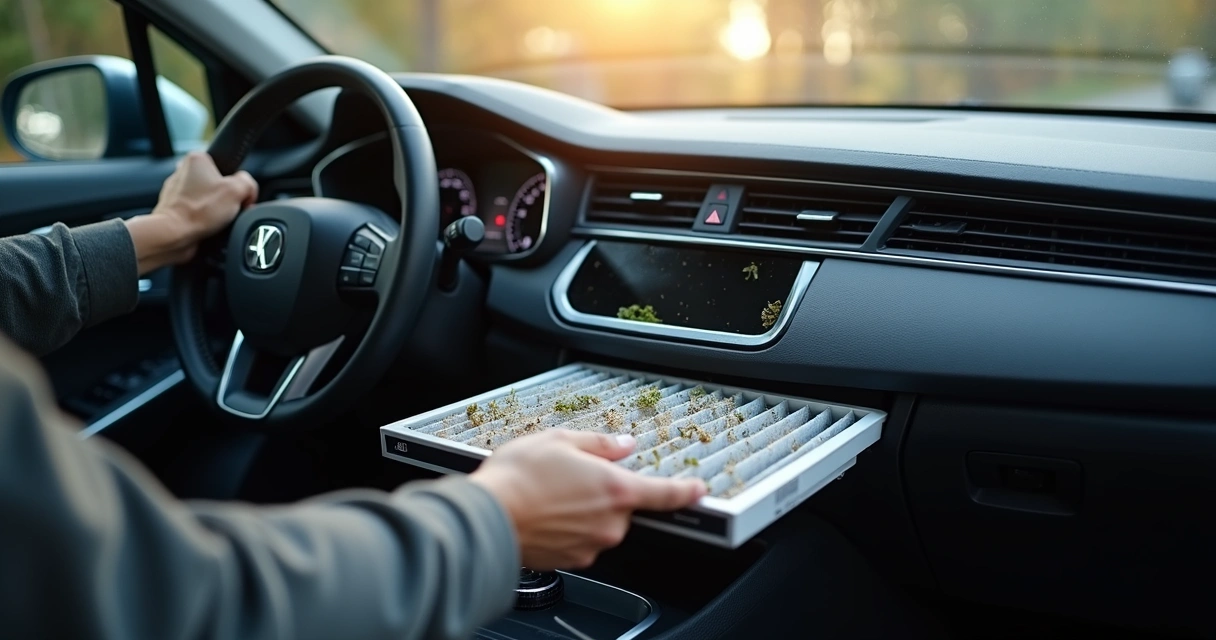 Condutor removendo filtro de ar-condicionado sujo do painel de um carro moderno 