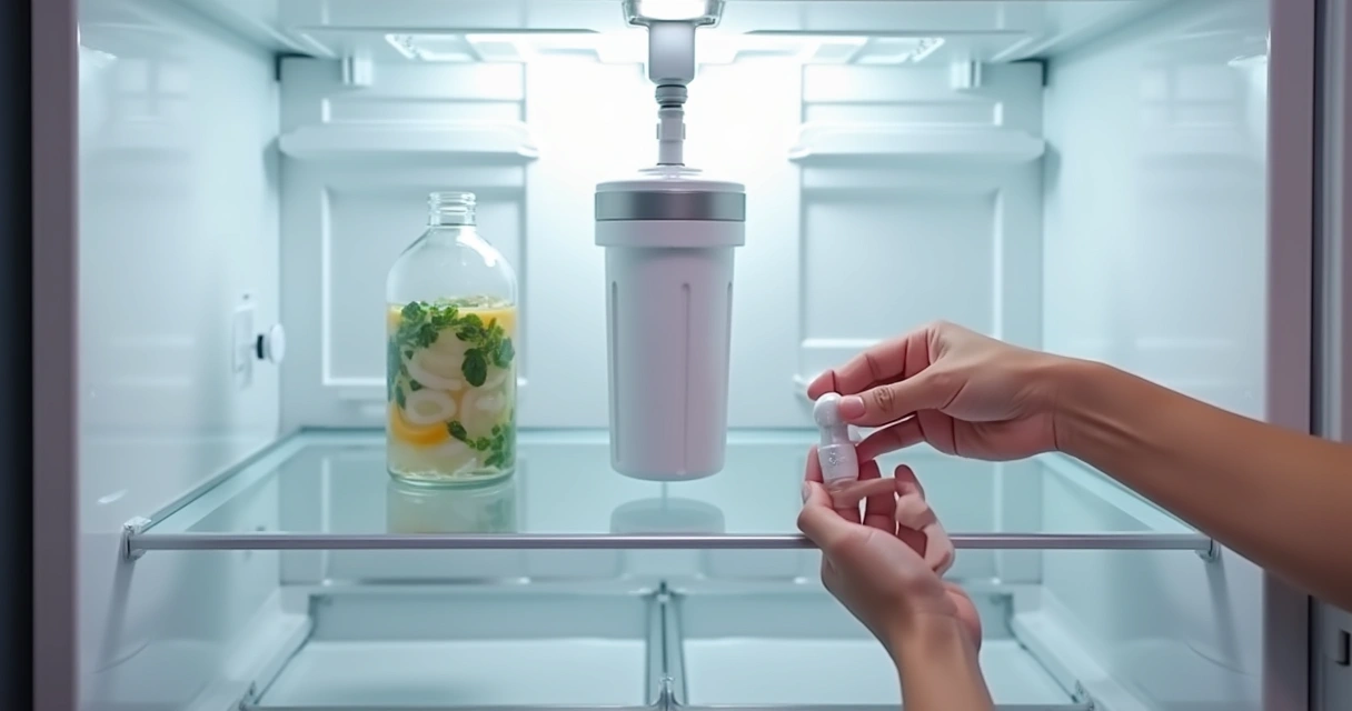 Pessoa realizando a troca do filtro de água da geladeira 