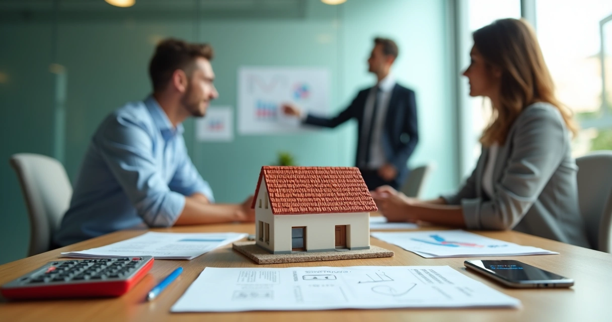 Casal compara propostas imobiliárias de dois bancos em mesa com maquete de casa 