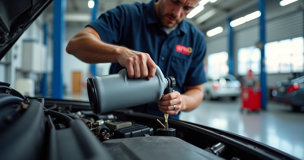 Mecânico trocando fluido de direção em oficina moderna 