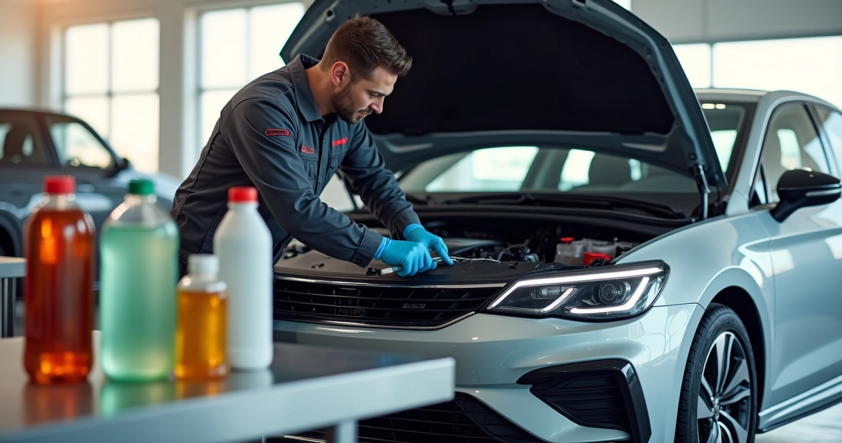 Técnico analisando níveis de fluidos em motor de carro moderno aberto 