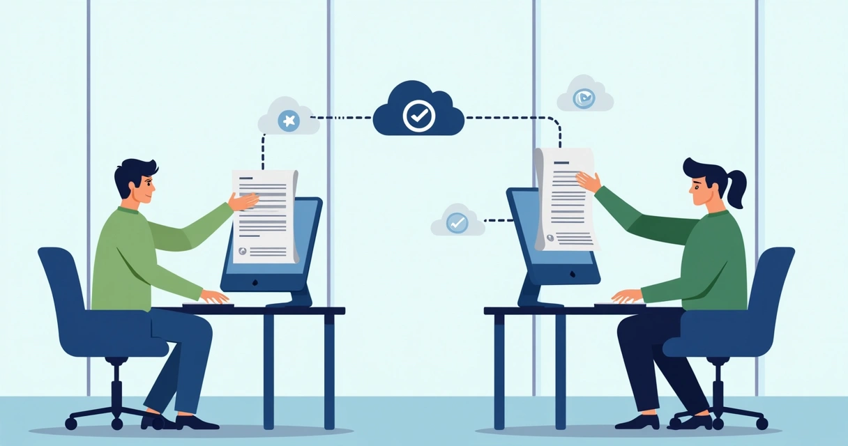 Duas equipes de trabalho, uma do lado esquerdo, outra do direito, trocando documentos digitais na tela de computadores conectados 