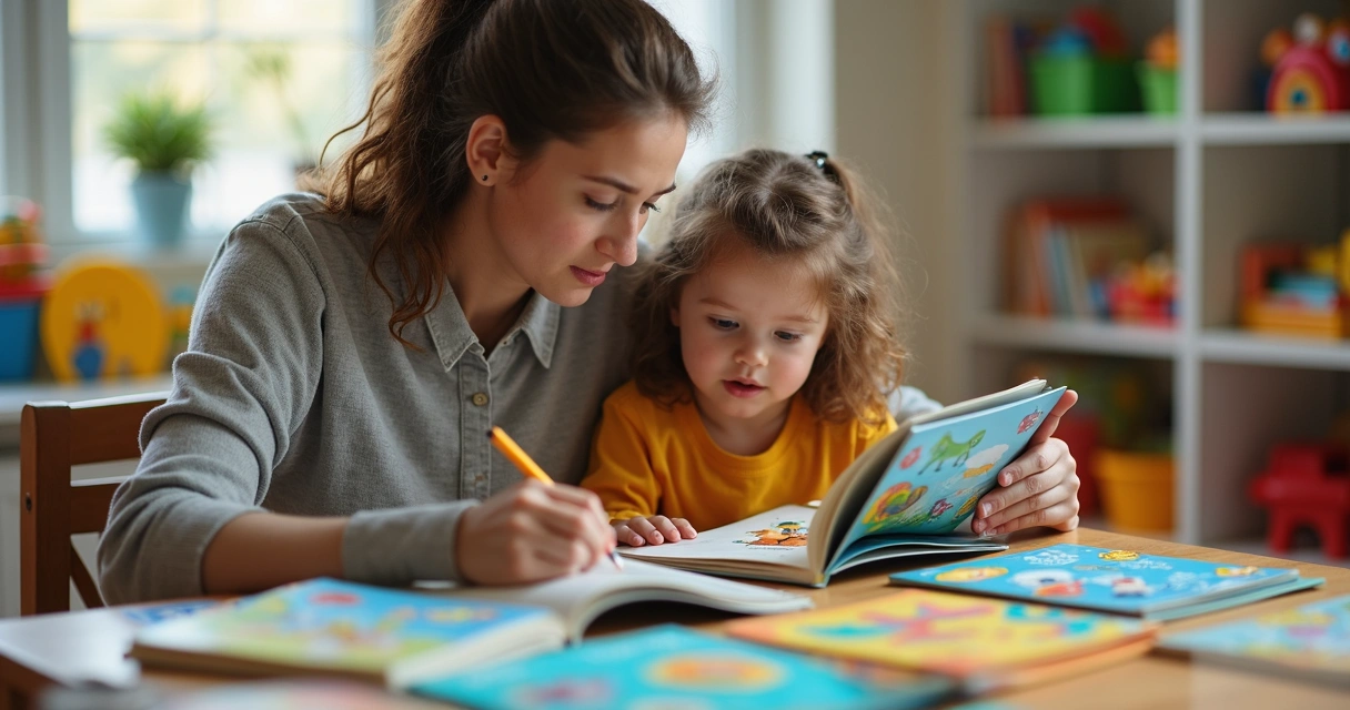 Adulto mostrando livros de histórias variados a uma criança 