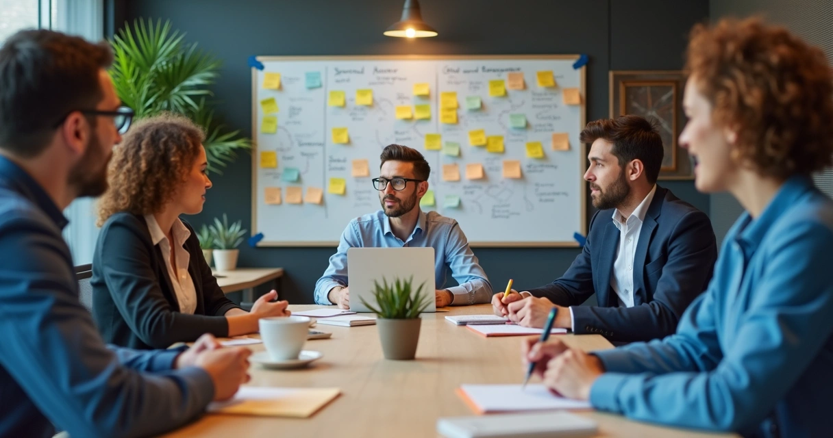 Equipe reunida trocando ideias em ambiente corporativo 