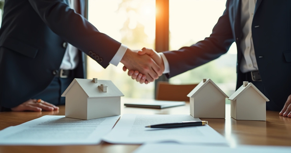 Duas pessoas apertando as mãos em frente a maquetes de casas, simbolizando acordo de permuta imobiliária.