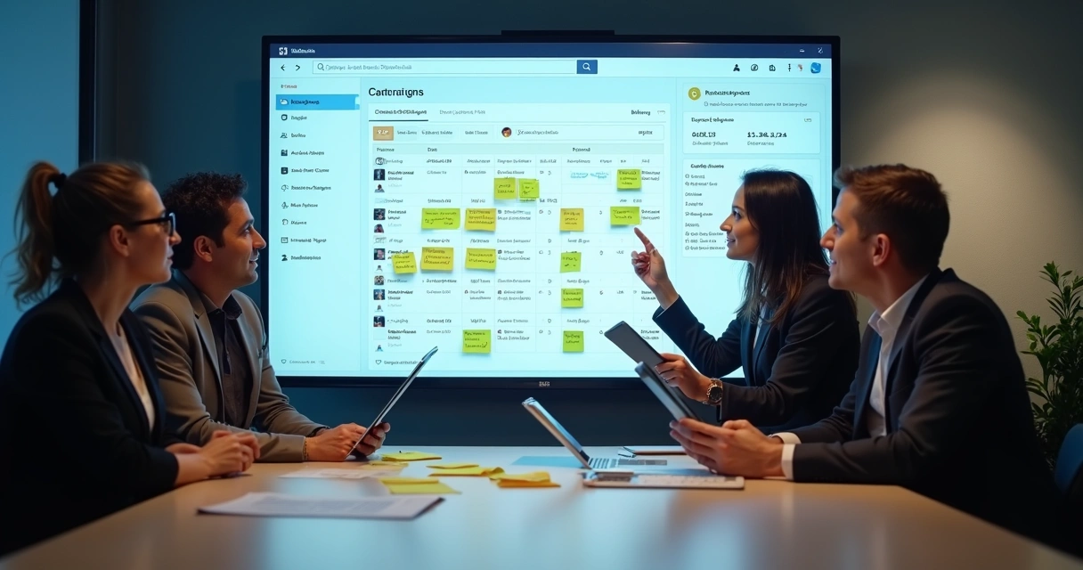 Monitor exibe painel digital de tarefas com equipe de campanha interagindo diante dele.