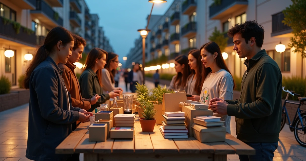 Jovens trocando objetos em ponto de encontro de consumo colaborativo urbano 