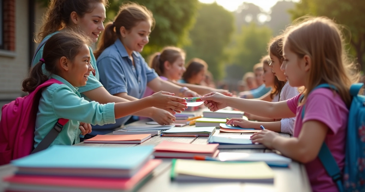 Pais e alunos trocando material escolar na escola