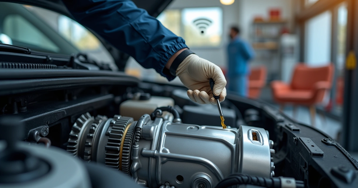 Mecânico verificando nível de óleo da caixa de câmbio em veículo dentro de oficina automotiva bem iluminada 