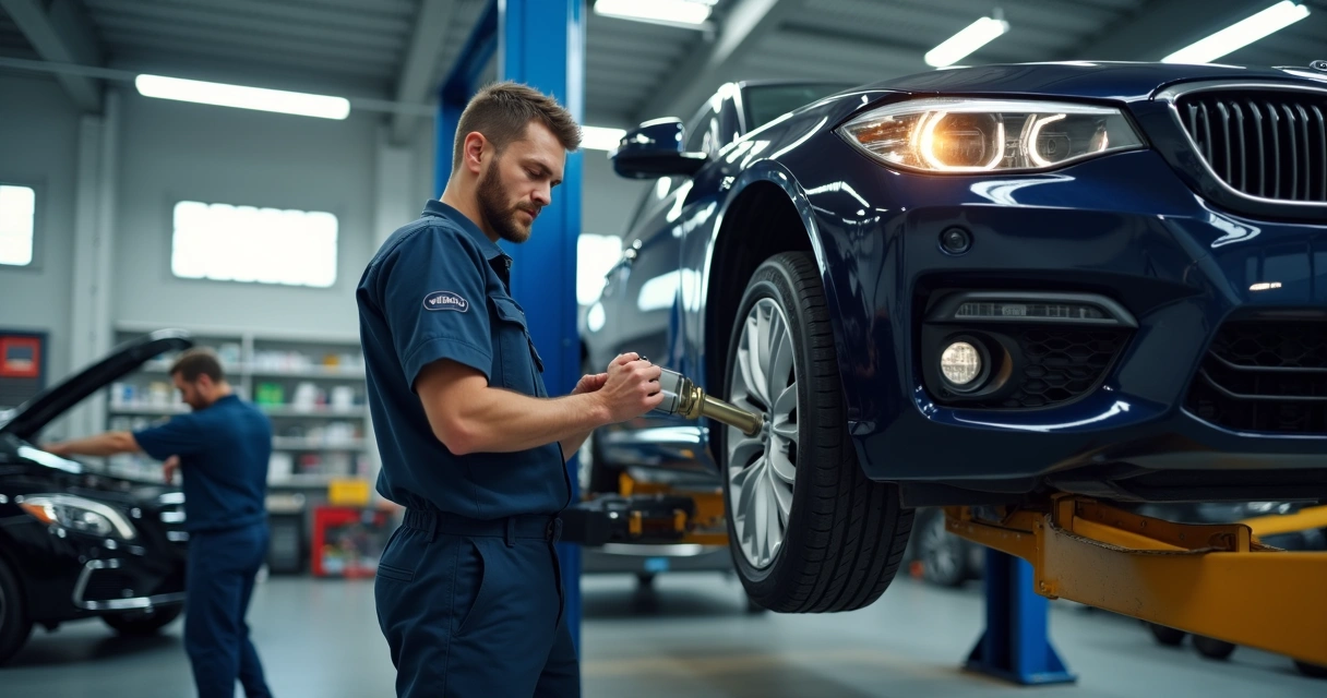 Técnico realizando troca de óleo no câmbio automático de carro elevado