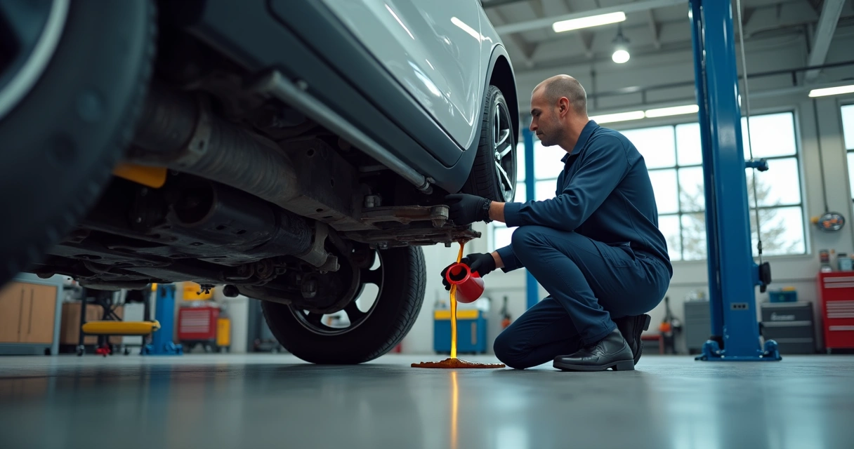Mecânico realizando troca de óleo em oficina automotiva 