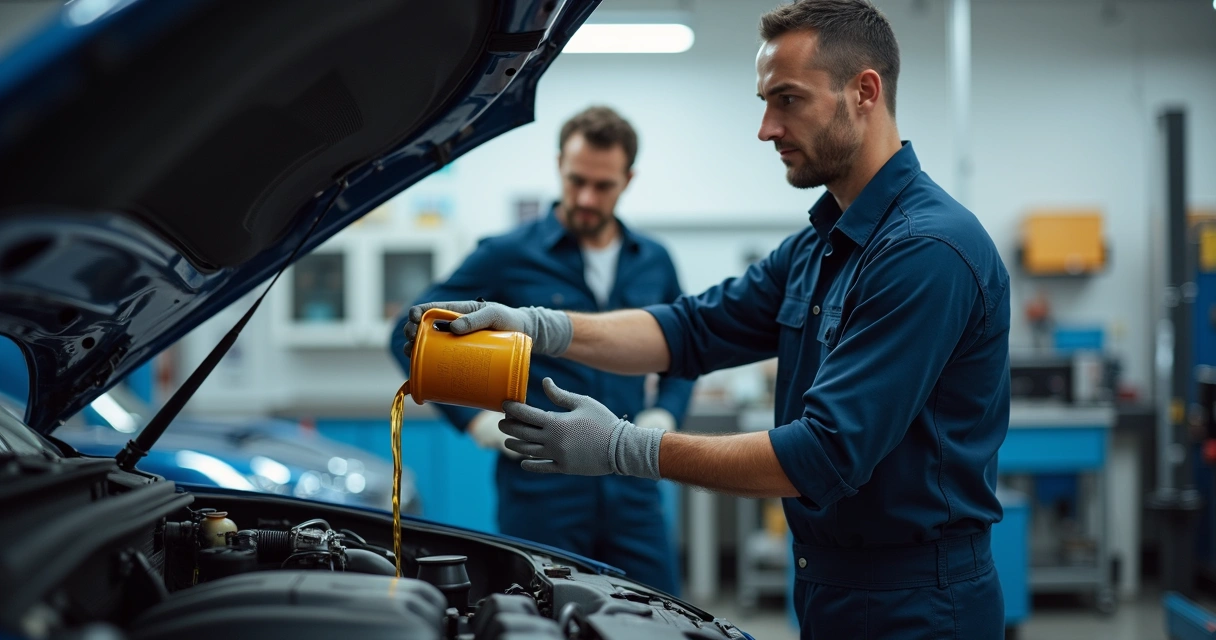 Técnico realizando troca rápida de óleo em oficina moderna