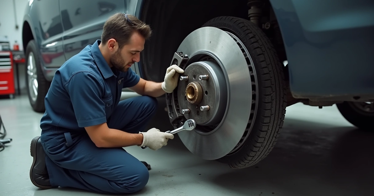 Mecânico removendo pastilha de freio em oficina automotiva 