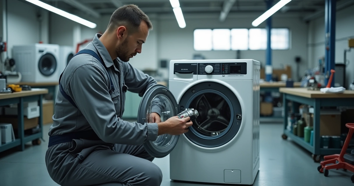 Técnico trocando peça em máquina de lavar em oficina de assistência técnica 
