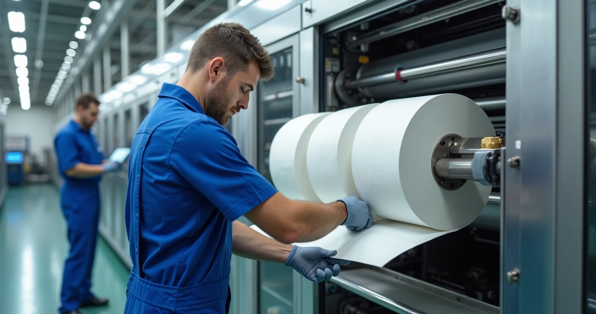 Técnico fazendo manutenção em peça de máquina de papel tissue