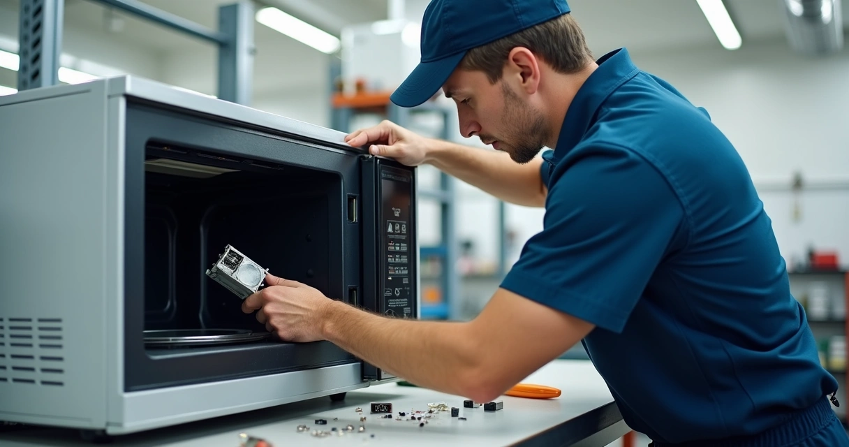 Técnico retirando peça interna do micro-ondas na bancada 