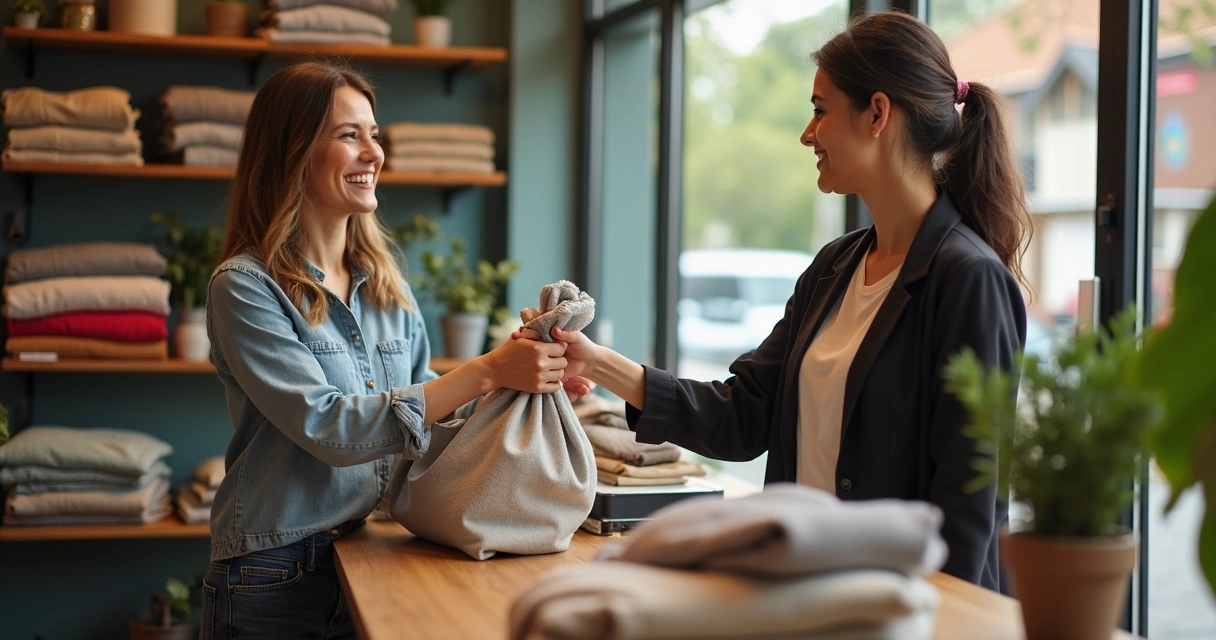 Cliente trocando roupas com consultora em brechó 