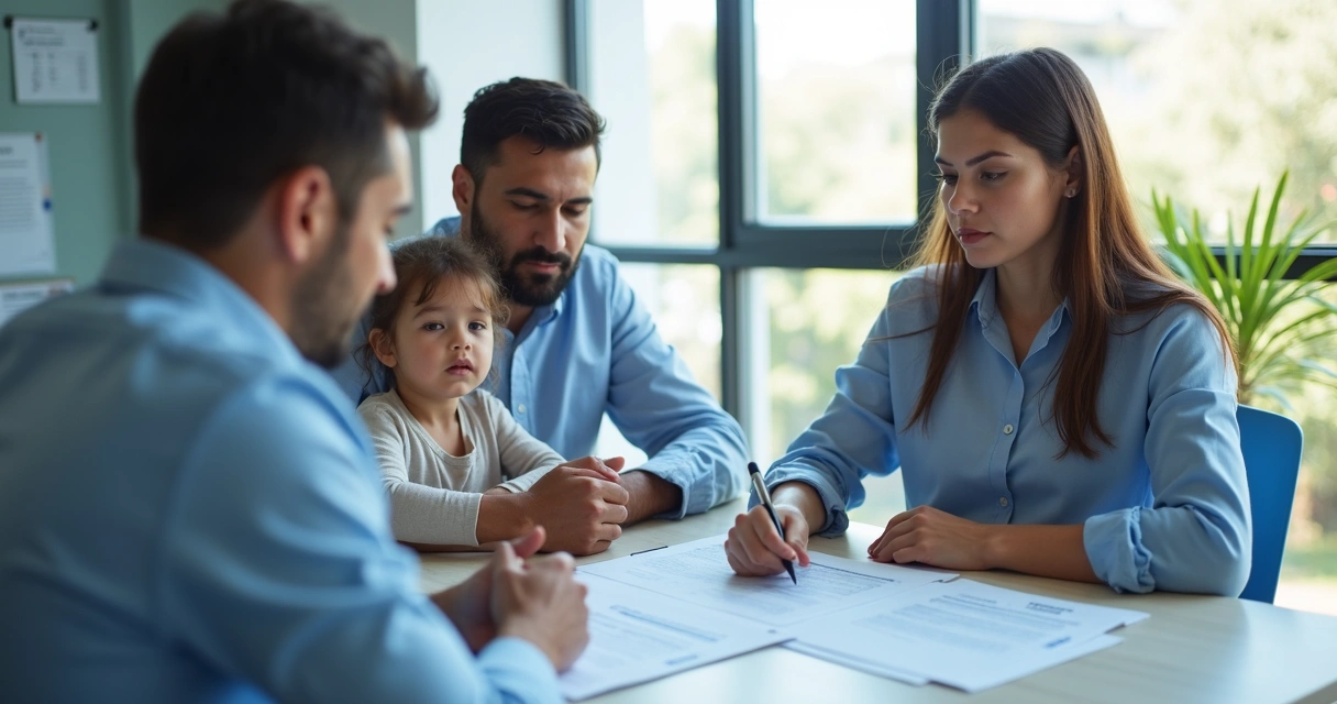 Família conversando com consultor sobre troca de plano de saúde