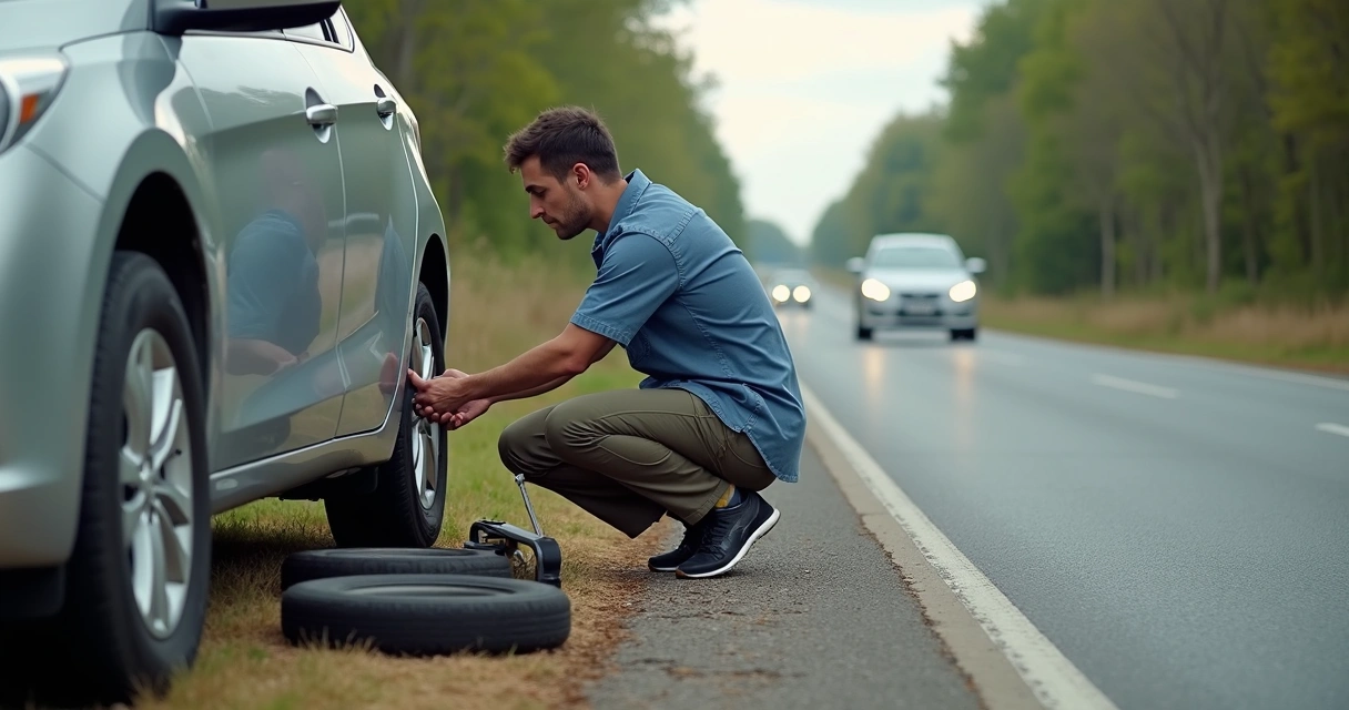 Homem trocando pneu de carro à beira da estrada, carros passando ao fundo, ferramentas visíveis 