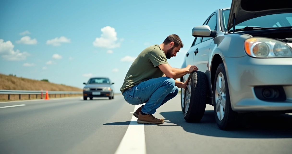 Homem trocando pneu na estrada com carros ao fundo
