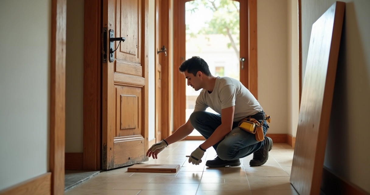 Profissional avaliando porta de madeira antiga com sinais de desgaste 