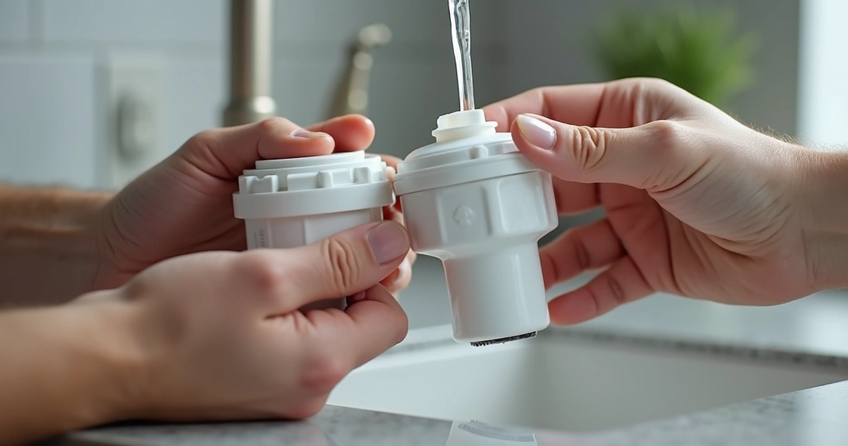 Mãos trocando o refil de um purificador de água 