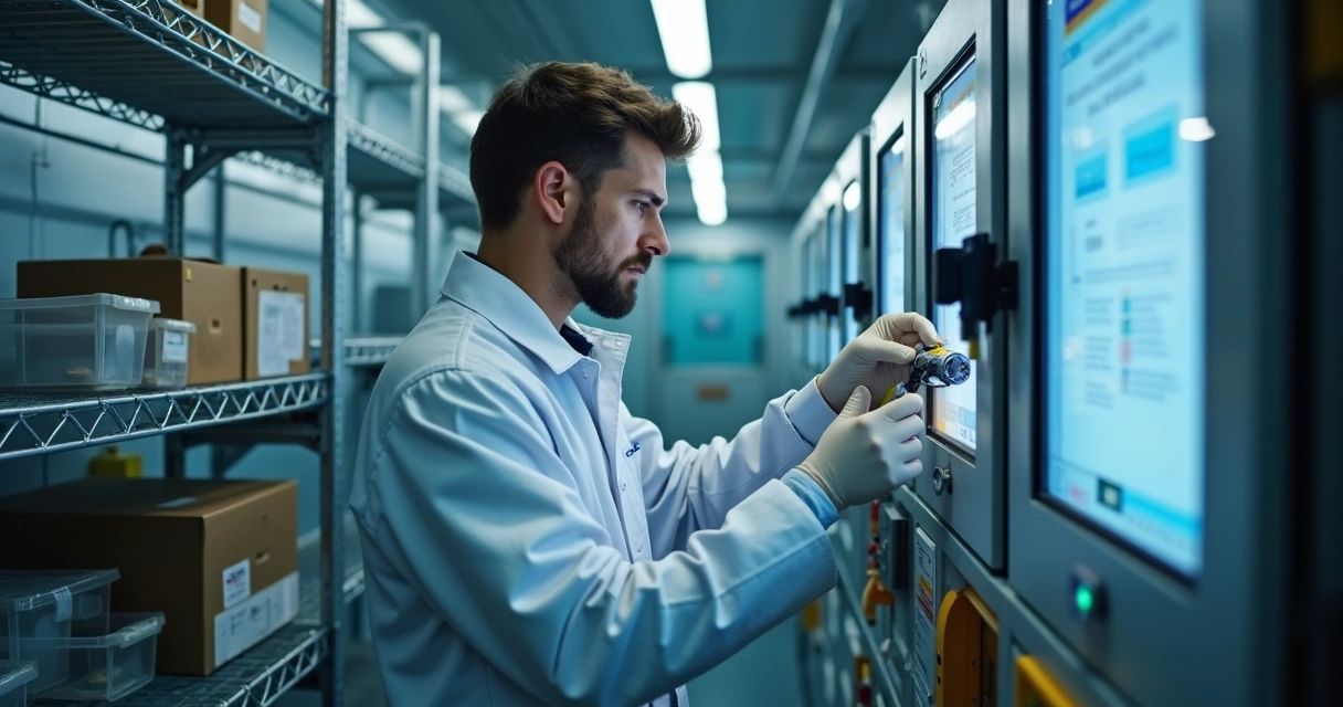 Técnico con guantes cambiando sensor en ambiente refrigerado