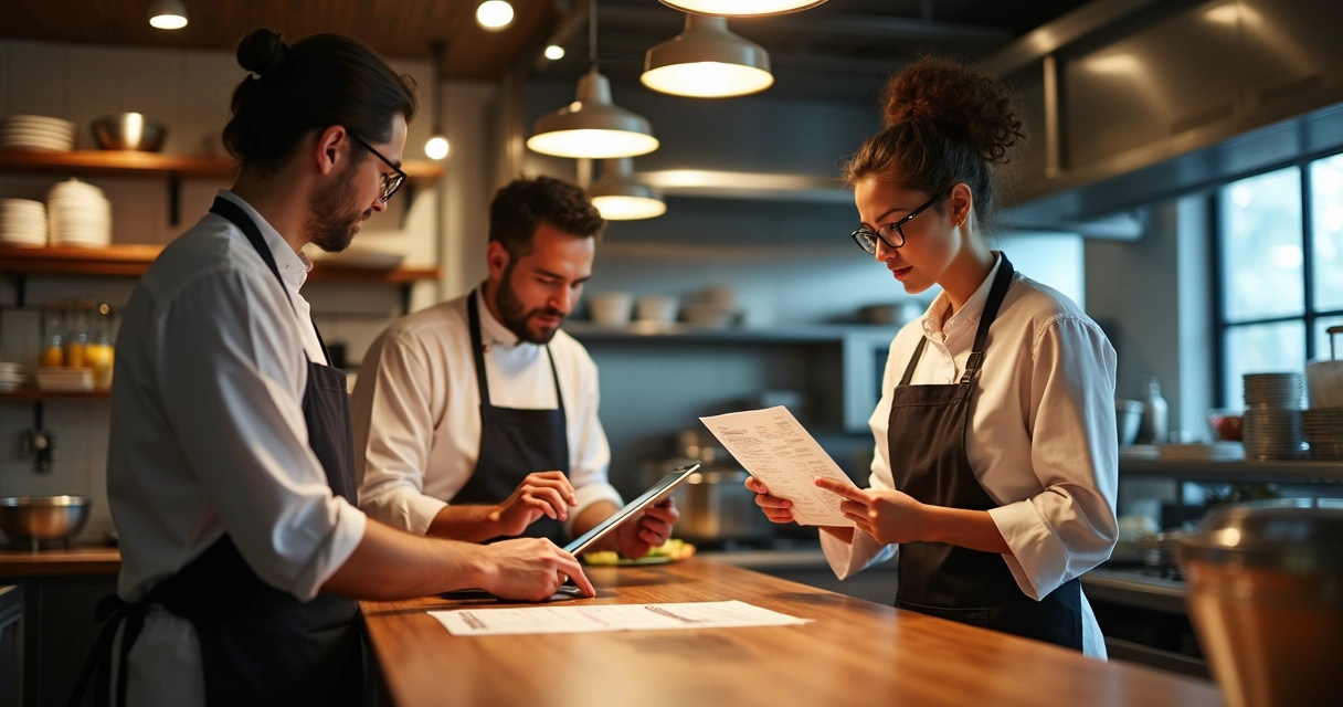 Equipe de restaurante treinando em sistema digital