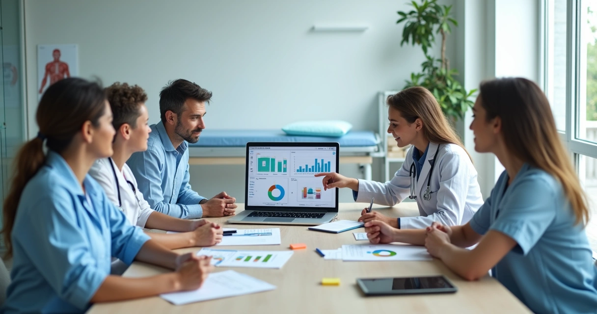 Equipe de clínica médica avaliando troca de software de gestão em reunião 