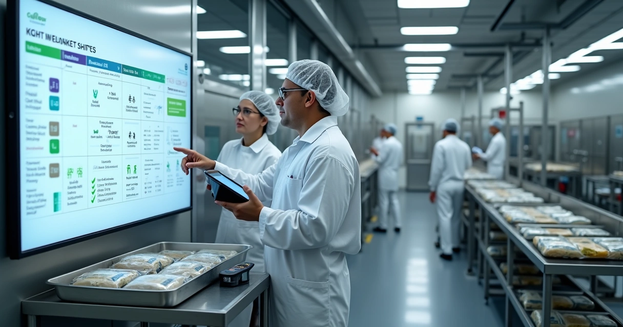 Equipe de fábrica reunida em frente ao quadro de turno revisando informações de produção e segurança dos alimentos 