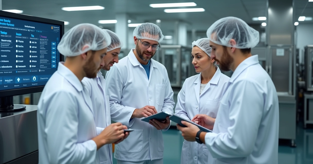 Colaboradores de fábrica alimentícia em troca de turno documentando informações 