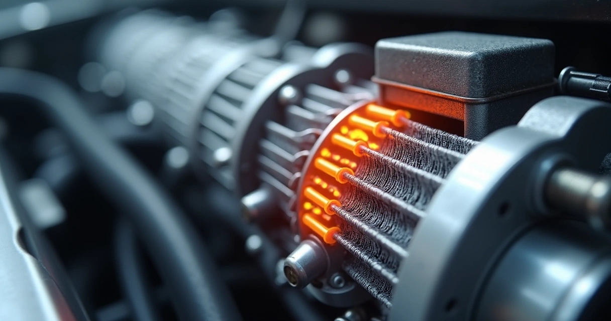 Detalhe de um trocador de calor de transmissão exposto ao lado de uma caixa de câmbio