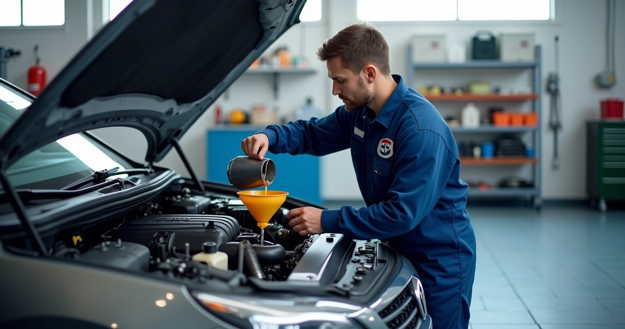 Mecânico trocando óleo do carro com funil, motor aberto e caixa de ferramentas ao lado 