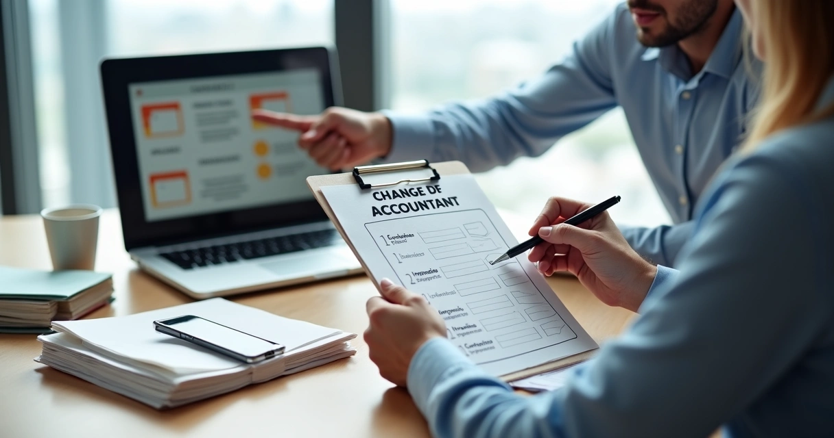 Empresária revisando checklist de troca de contador com novo contador ao lado 