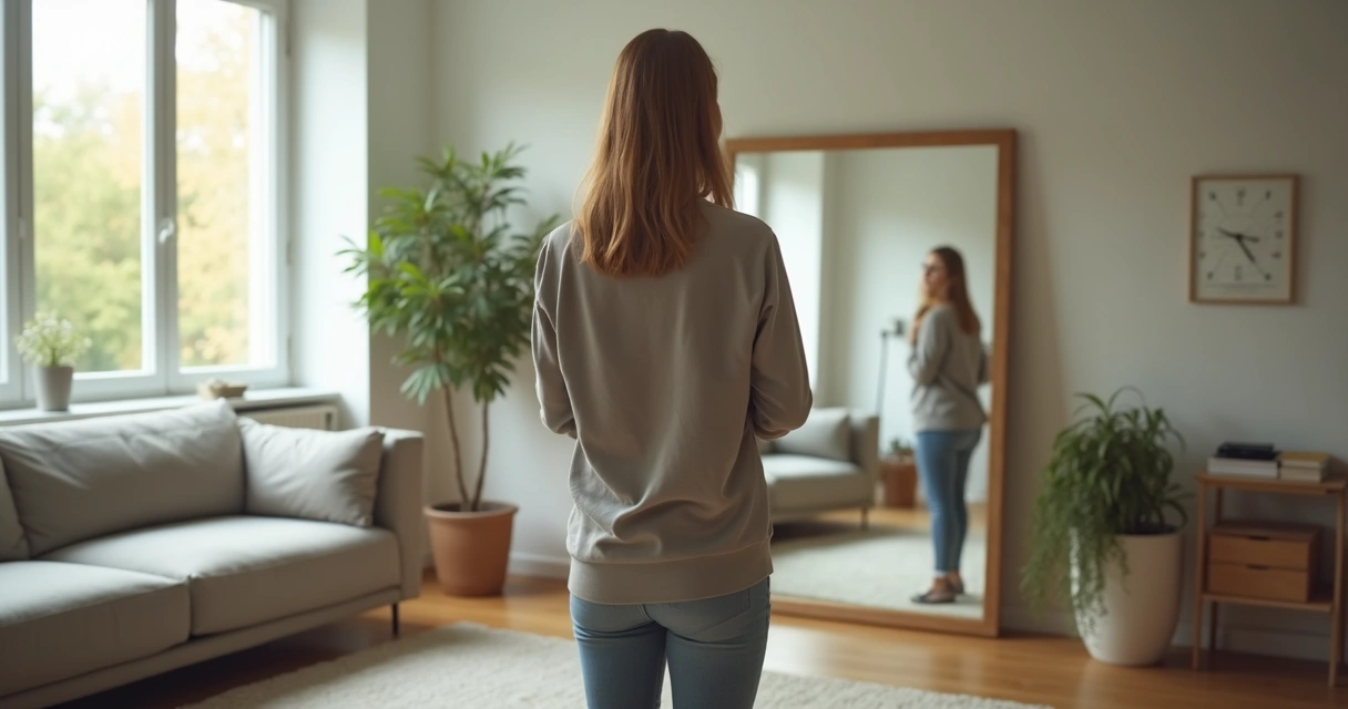 Pessoa em pé diante de um espelho com reflexo mais confiante e sereno 