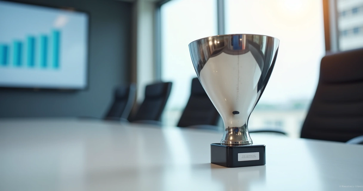 Troféu em aço inox sobre mesa corporativa