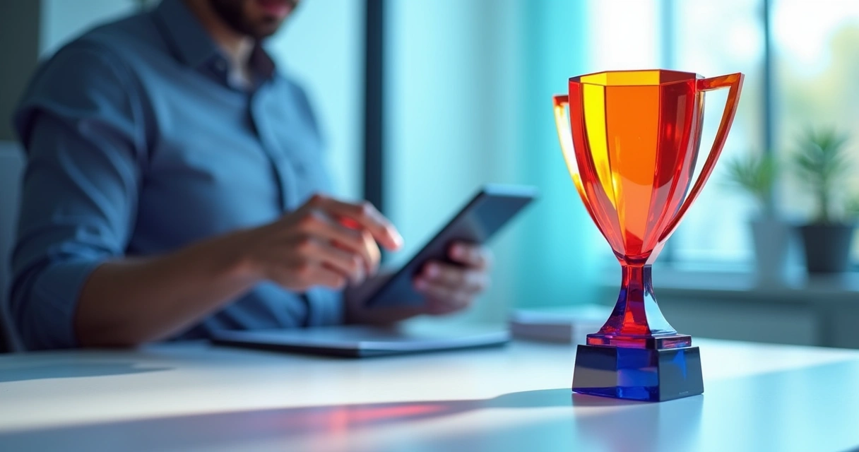 Troféu de acrílico colorido com design moderno sobre mesa clara 