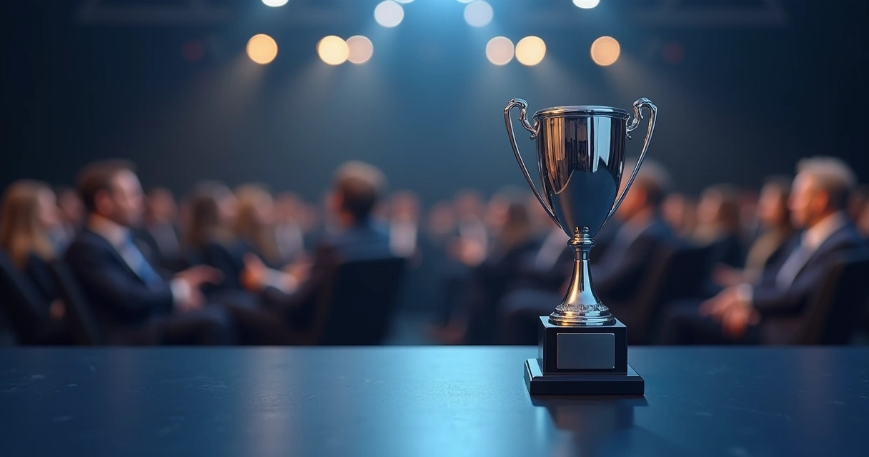Troféu corporativo em aço inox sobre mesa de evento