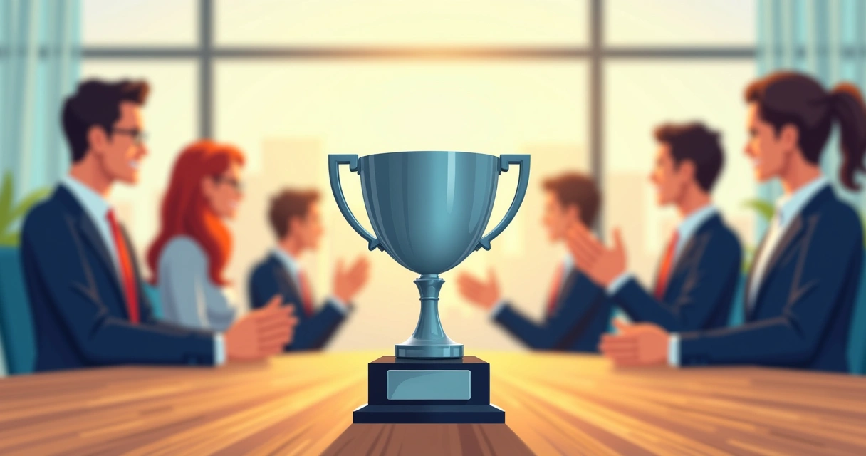 Troféu corporativo elegante sobre mesa de reunião empresarial 