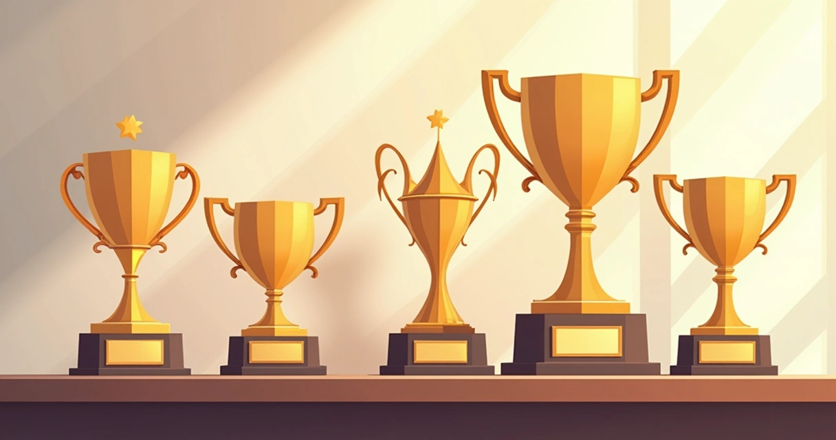 Troféus corporativos dispostos ao lado de placas de homenagem 