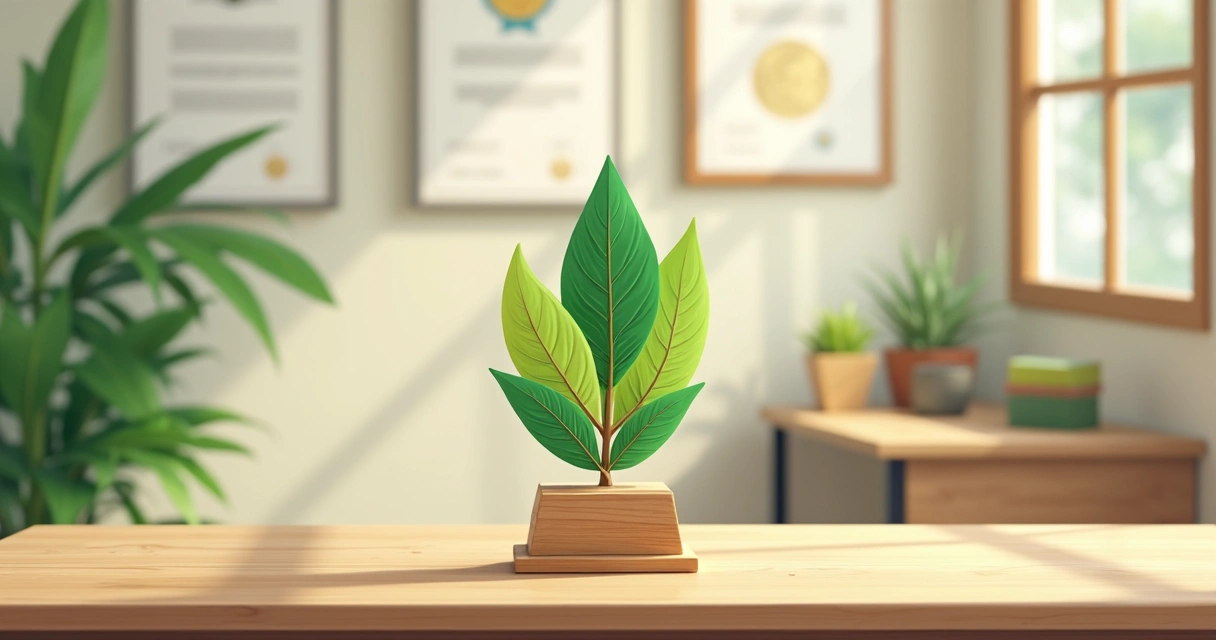 Troféu sustentável feito de madeira reciclada e acrílico verde 