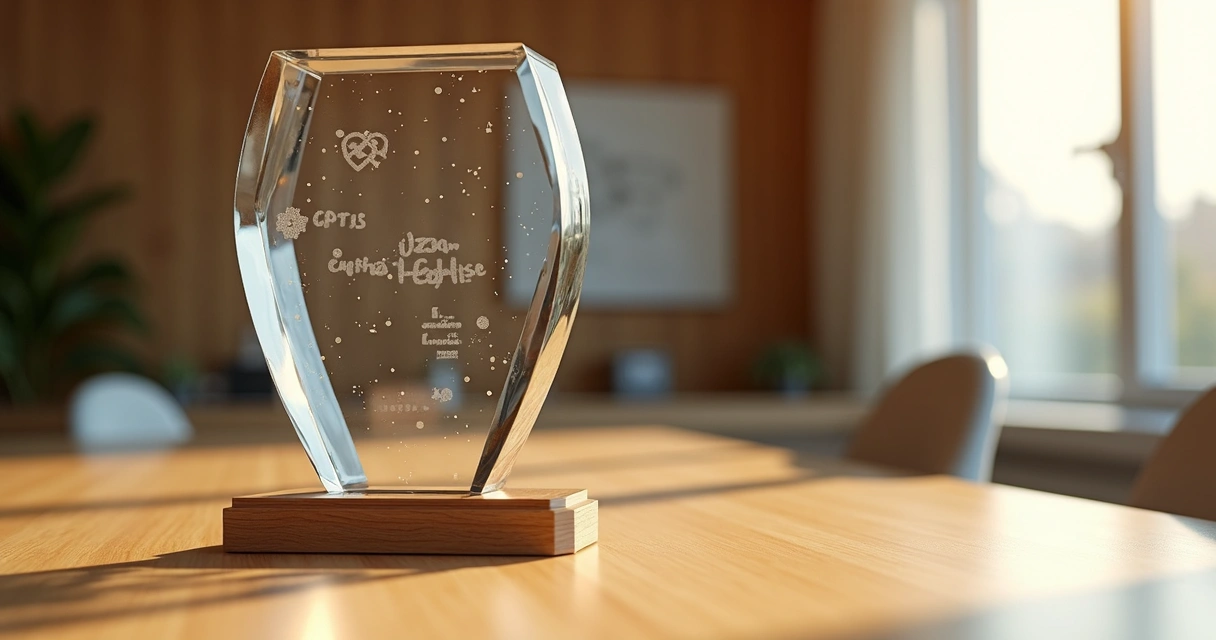 Troféu empresarial elegante em cima de mesa de madeira clara 