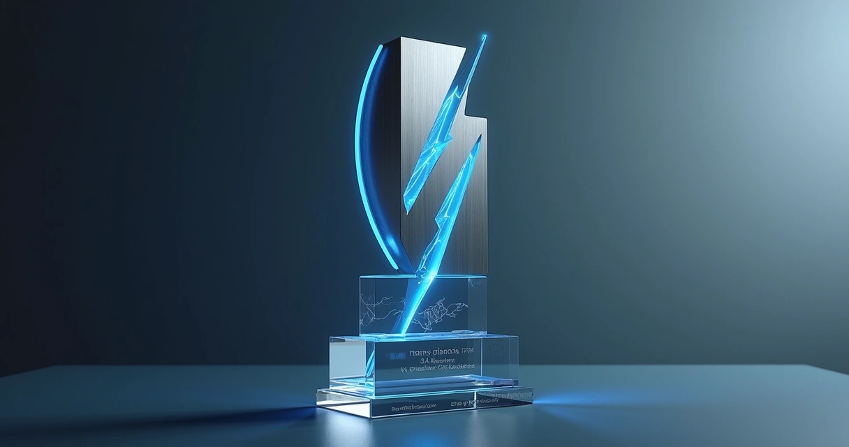 Troféu metálico com detalhes em LED imitando faísca de energia 