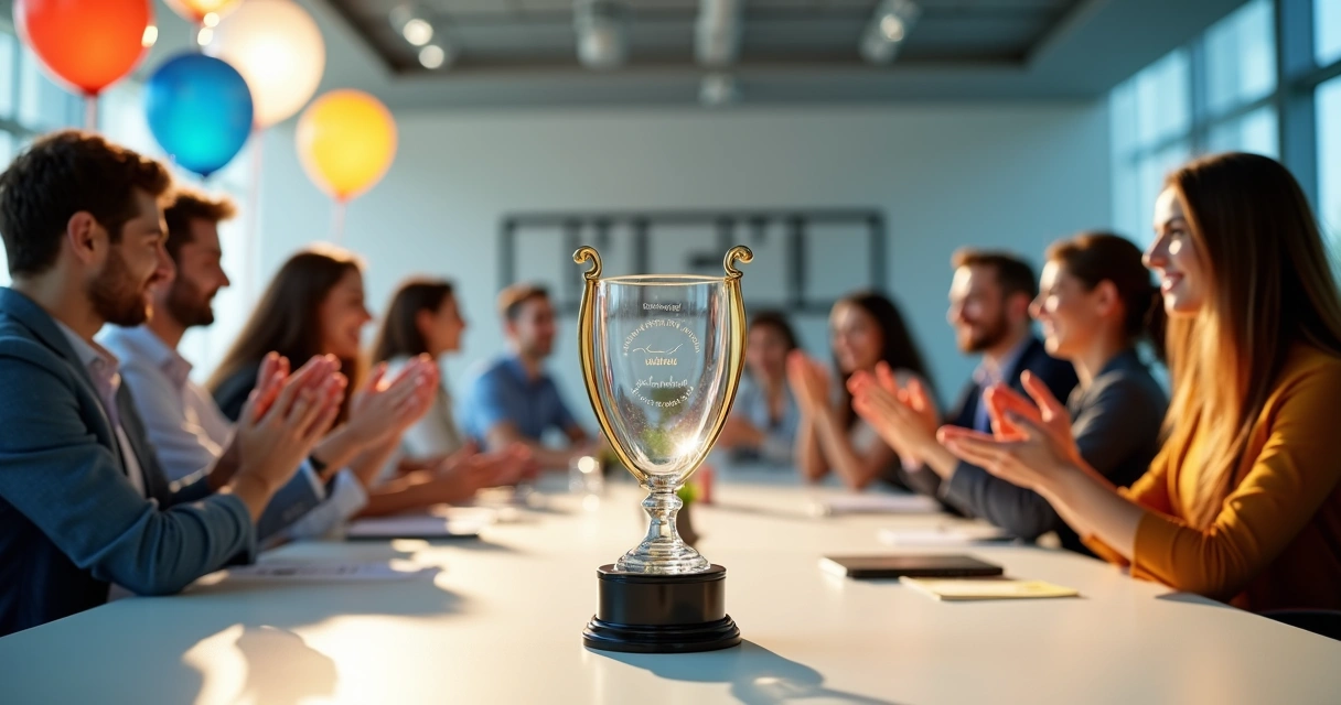 Equipe comemorando com troféu personalizado na empresa 