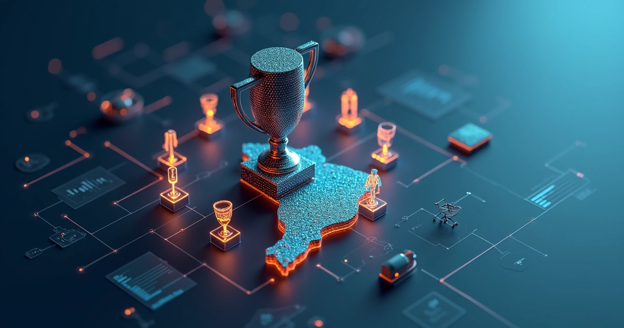 Troféu metálico de inteligência artificial em mapa 3D do Brasil com dados digitais 